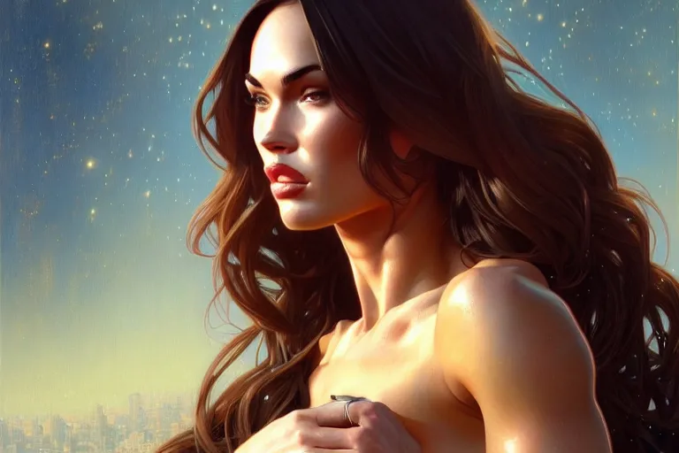 Image similar to portrait of megan fox kissing a blonde woman, muscular upper body intricate, headshot, highly detailed, digital painting, artstation, concept art, sharp focus, cinematic lighting, illustration, art by artgerm and greg rutkowski, alphonse mucha, cgsociety