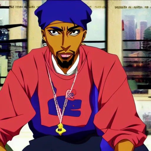 Image similar to Tupac Shakur, screenshot from a 2012s anime, anime