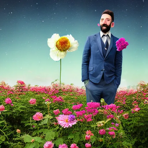 Image similar to a portrait of a man with flowers in the beard, roses peonies forget-me-nots dahlias lupins gladioli, sky theme in background, 35mm Photograph, 4K Resolution, Astrophotography, Digital Art, Trending on artstation