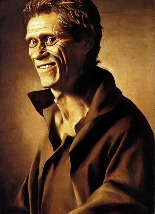 Image similar to portrait painting of willem dafoe with stubble smiling warmly, renaissance oil painting, chiaroscuro