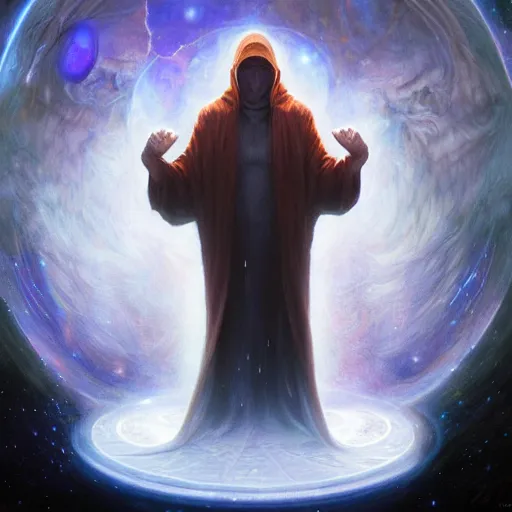 Image similar to the creator of worlds wearing a cloak and holding a holographic planet projection in his hand, detailed, sci - fi, digital painting, artstation, sharp focus, illustration, ominous, artgerm, tomasz alen kopera, peter mohrbacher, donato giancola, joseph christian leyendecker, wlop, frank frazetta