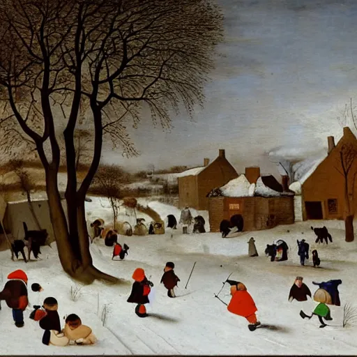 Prompt: a painting by brueghel of a winter landscape of a village with children playing and animals running around, smoke coming out of the chimneys and a water well in the middle of the village, footsteps in the snow visible