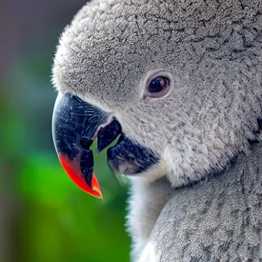 Image similar to award winning nature photograph of a parrot's beak on a koala. focus on the beak. extreme detail, hyperrealistic photo, smooth, trending on artstation