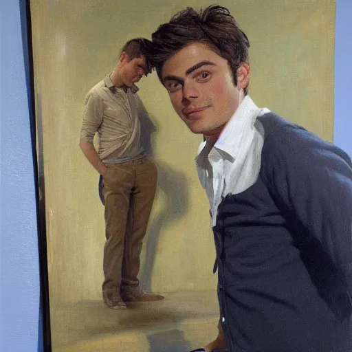 Prompt: Harold knight painting of zach efron posing in a studio,