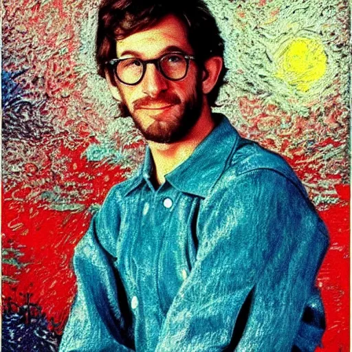 Image similar to an artistic portrait of a young steven spielberg, high quality, studio photography, colourful, hero, 1 9 8 8, heroic, beautiful, in the style of vincent van gogh