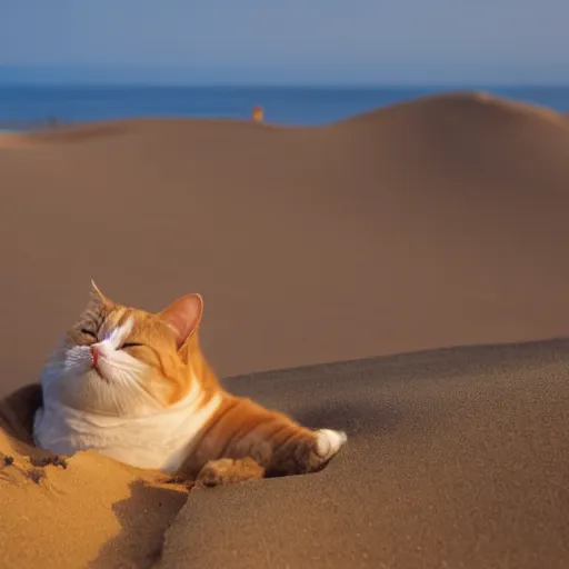 Image similar to a fat cat sleeping on a sand dune,