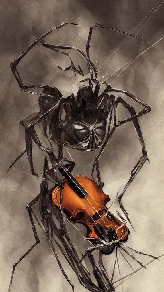 Image similar to portrait of a spider playing a violin, detailed, elegant, highly detailed, artstation, concept art, illustration, sharp focus, art by kurozaki sakura,