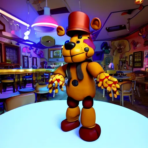 Image similar to A Still of Freddy Fazbear animatronic in the pizzeria on-stage in an animated Disney Pixar movie, 35mm f2.8, 4k, artstation, PBR materials, Pixar renderman render