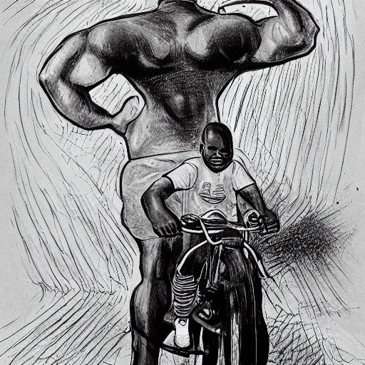 Image similar to a little black person rides on the shoulder's of a huge 7 ft tall 5 0 0 pound black man. hyperreal - h 6 4 0