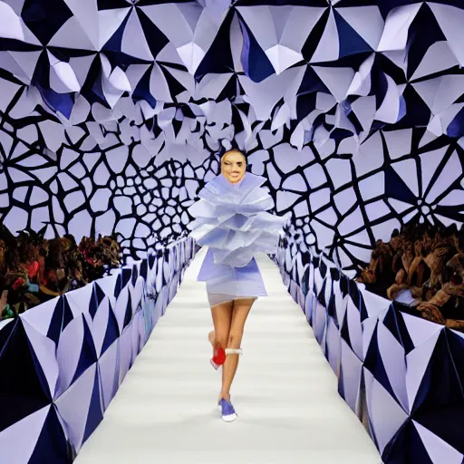 Image similar to beautiful model wearing origami - themed huge paper flower fashion runway by issey miyake