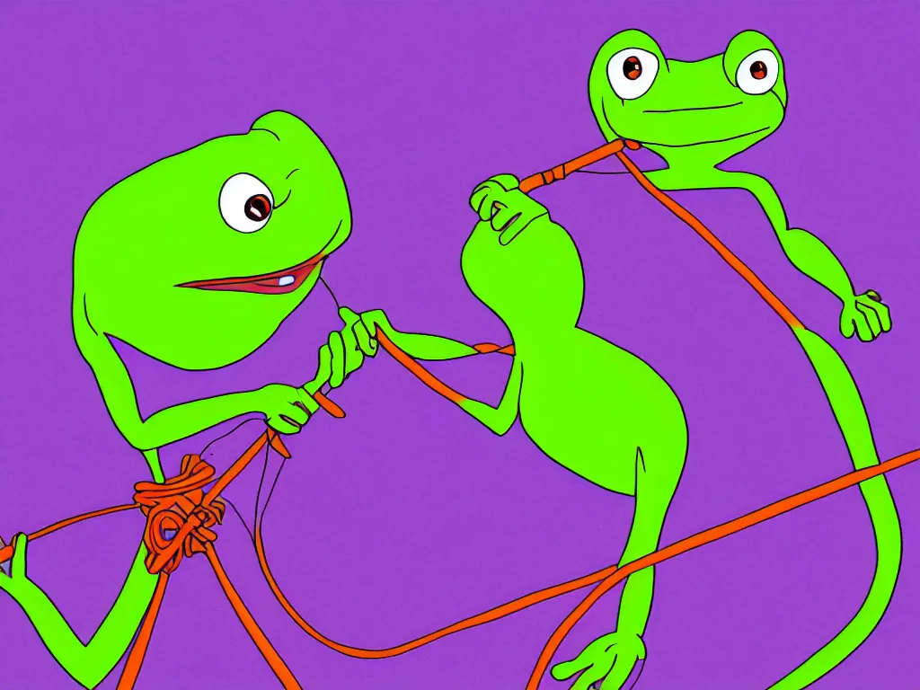 Prompt: illustration of a pepe the frogs with a whip, stunning scene, perfect face, bright colors, 4 k resolution, trending on artstation