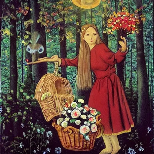 Image similar to In the painting Vasilisa can be seen standing in the forest, surrounded by animals. She is holding a basket of flowers in one hand and a spindle in the other. Her face is turned towards the viewer, with a gentle expression. In the background, the forest is depicted as a dark and mysterious place. by Go Nagai, by Michael Cheval realist, imposing