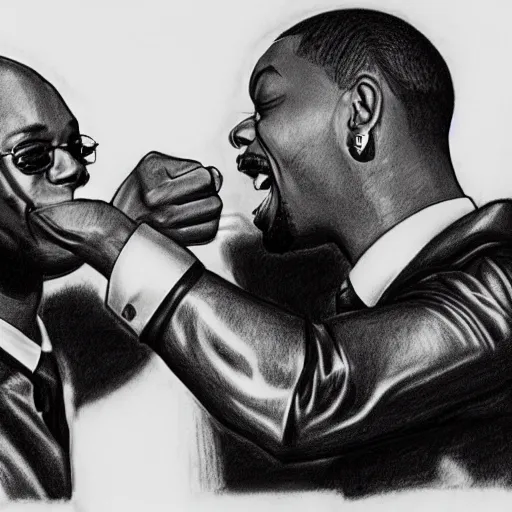 Prompt: pencil sketch of Dave Chappelle slapping Will Smith at the Oscars, highly detailed, award winning art