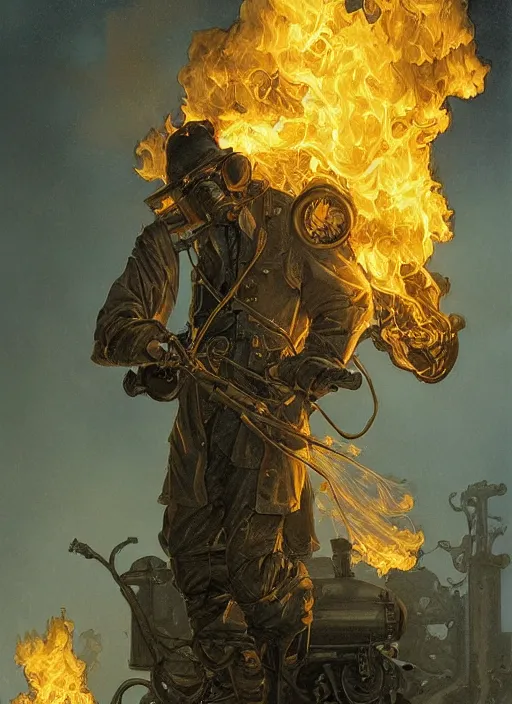 Image similar to A telemarketer made from fire and thick steam, torch shadows, foggy night, intricate, elegant, highly detailed, donato giancola, Joseph Christian Leyendecker, WLOP, Boris Vallejo, Artgerm