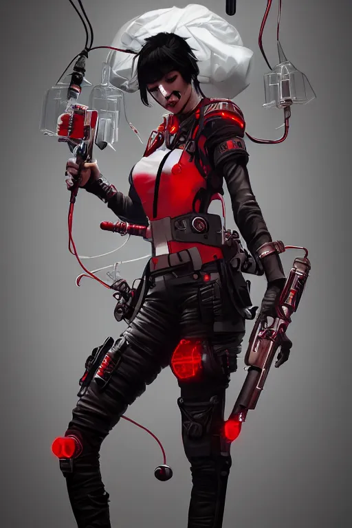 Image similar to covid - 1 9 nurse holding a syringe, wearing cyberpunk nurse armor, black and white and red, by tom bagshaw and alphonse mucha and atey ghailan and artgerm and and greg rutkowski and hajime soriyama, hyper realistic, octane render, trending on artstation