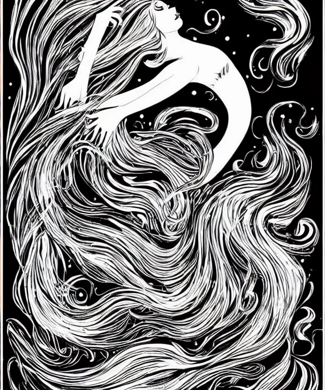 Image similar to black and white illustration, creative design, beautiful mermaid in swirling water