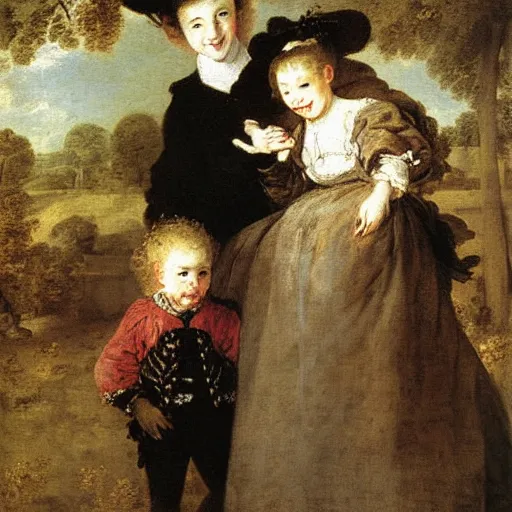 Prompt: mother and young child support holding eachother grinning oil painting jean - antoine watteau