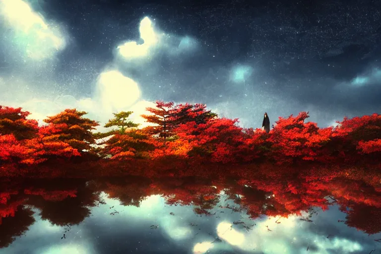 Prompt: hypnagogic reflections by makoto shinkai, centered torii gate, japanese countryside, dark atmoshperic, autumn skyscape, anime wallpaper, 4k, trending arstationhq, daily deviation