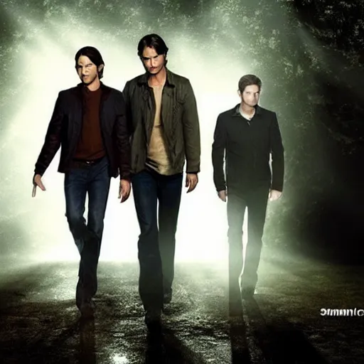 Prompt: sam winchester, dean winchester and castiel from supernatural in an epic pose with epic lighting