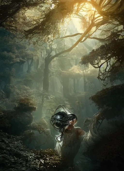 Image similar to beauteous sumptuous biomechanical incredible hair, crystalline masterpiece incrustations, hyperdetailed face, elegant pose, movie still, intricate, octane render, cinematic forest lighting, cgsociety, unreal engine, crepuscular rays, god rays