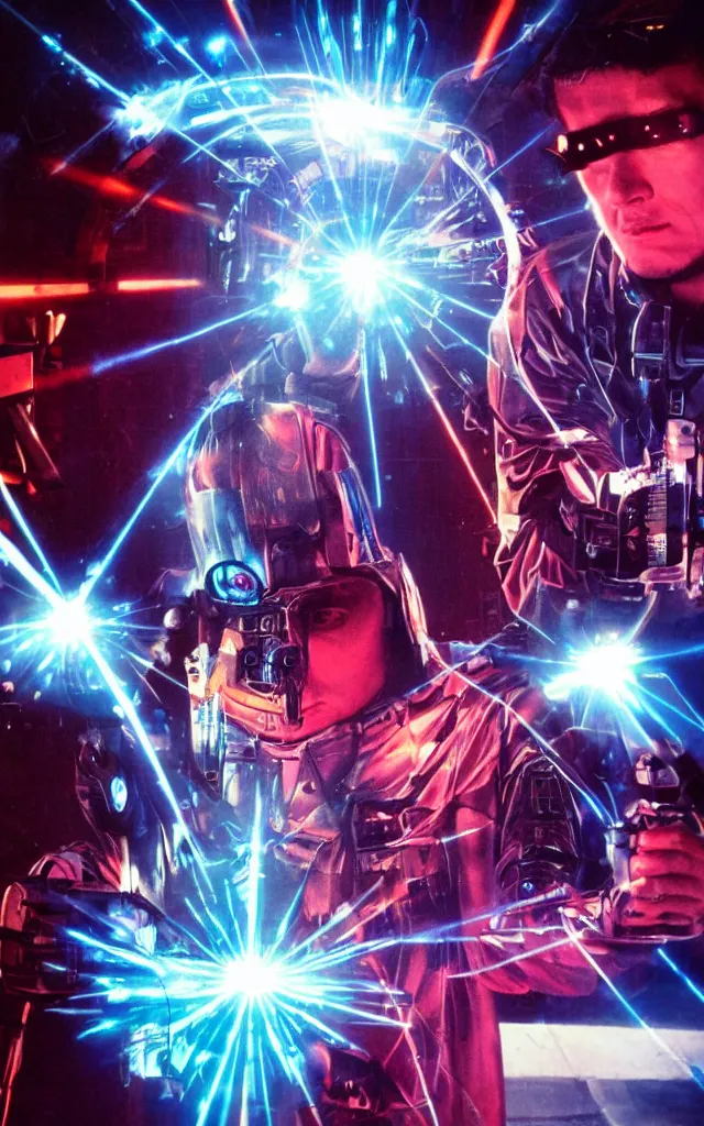 Image similar to Cyber Pope shooting bright lasers out of his hands, 80s, science fiction, cyberpunk, neon, low angle shot, cross, pope, movie poster, futuristic