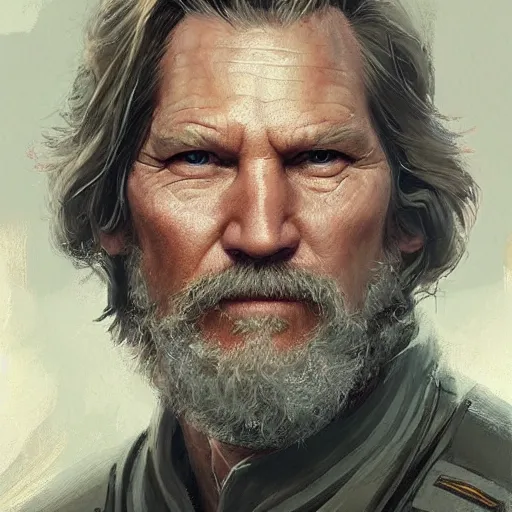 Prompt: portrait of a man by greg rutkowski, he looks like jeff bridges, wearing the military fatigues of the corellian confederation, star wars expanded universe, he is about 5 0 years old, highly detailed portrait, digital painting, artstation, concept art, smooth, sharp foccus ilustration, artstation hq
