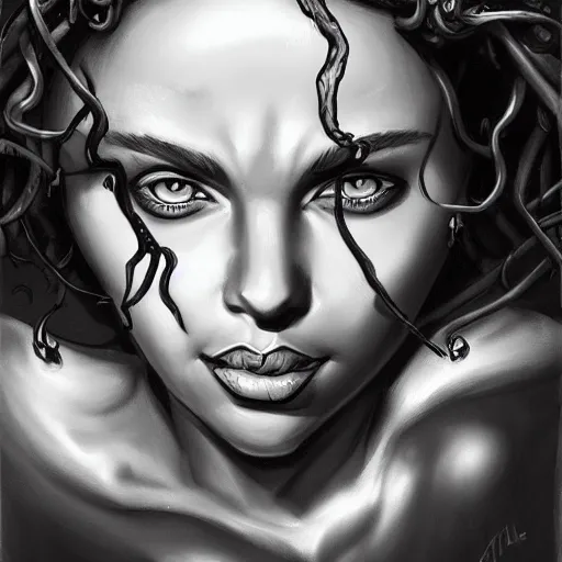 Image similar to medusa portrait painting, black and white, wicked grin, artstation, detailed, blurred background