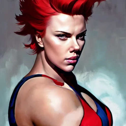 Image similar to greg manchess portrait of scarlett johansson as thick muscular weightlifter zarya from overwatch with ponytail and red hair, medium shot, asymmetrical, profile picture, organic painting, sunny day, matte painting, bold shapes, hard edges, street art, trending on artstation, by huang guangjian and gil elvgren and sachin teng