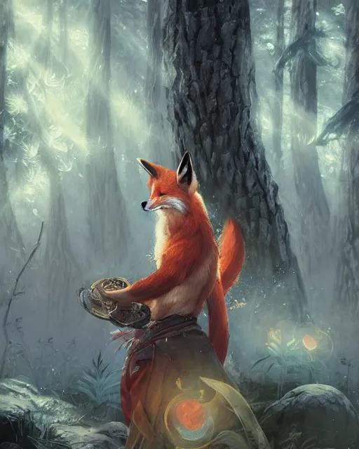 Prompt: Kitsune Fox Sorcerer meditating in the woods, magic the gathering artwork, D&D, fantasy, cinematic lighting, centered, symmetrical, highly detailed, digital painting, artstation, concept art, smooth, sharp focus, illustration, volumetric lighting, epic Composition, 8k, art by Akihiko Yoshida and Greg Rutkowski and Craig Mullins, heroic pose, oil painting, cgsociety, Tree Woodland atmosphere