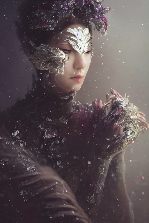 Prompt: A fancy portrait of a women wearing crystal mask by Greg Rutkowski, beeple, Sung Choi, Mitchell Mohrhauser, Maciej Kuciara, Johnson Ting, Maxim Verehin, Peter Konig, final fantasy, macro lens, 35mm, 8k photorealistic, cinematic lighting, HD, high details, dramatic, dark atmosphere, trending on artstation