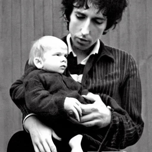 Image similar to bob dylan cradling fat little man like a baby, photograph, 1 9 6 5