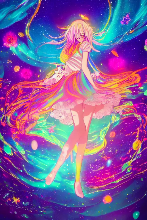 Image similar to psychedelic, whimsical, anime, 4k, beautiful intimate woman with professional makeup, long trippy hair, a crystal and flower dress, bathing in a reflective pond, underneath the stars, rainbow fireflies, trending on patreon, deviantart, twitter, artstation, volumetric lighting, heavy contrast, art style of Ross Tran and Ilya Kuvshinov
