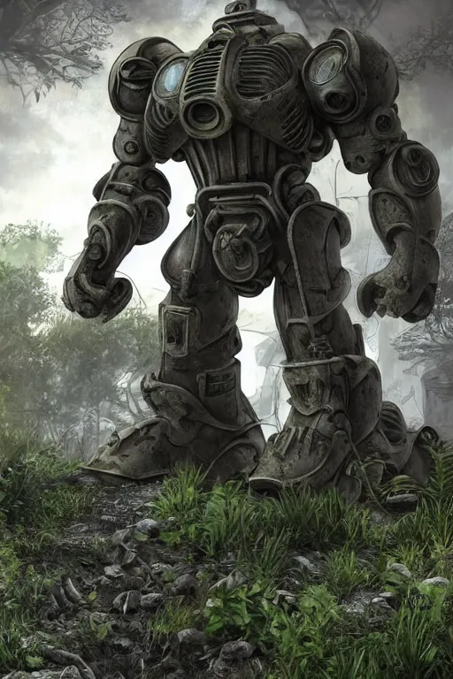 Image similar to Power armor enclave from Fallout 2 stands on a street overgrown with plants, high detail, smooth, clear focus, realism,