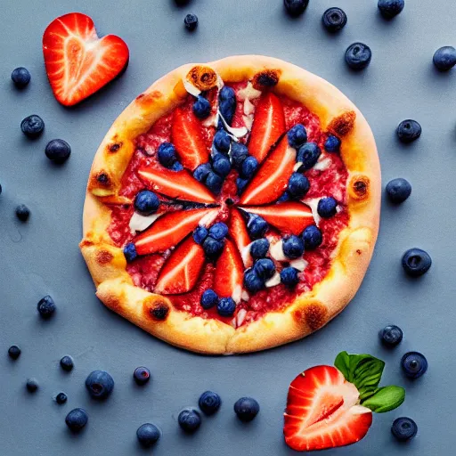 Prompt: a pizza of blueberries, strawberries and coconut, realistic photo, studio photo, professional photo, commercial photo, hdr, trend in artstation