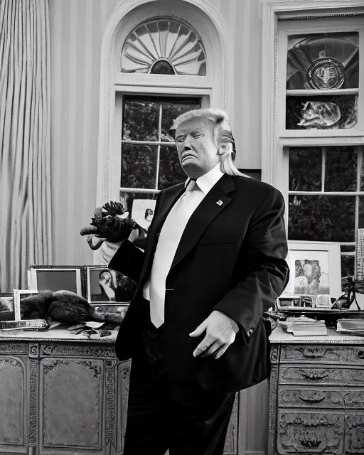 Image similar to donald trump with hippie hair, hippie clothes, smoking cannabis, standing in the oval office, photorealistic photographed in the style of annie leibovitz, studio lighting