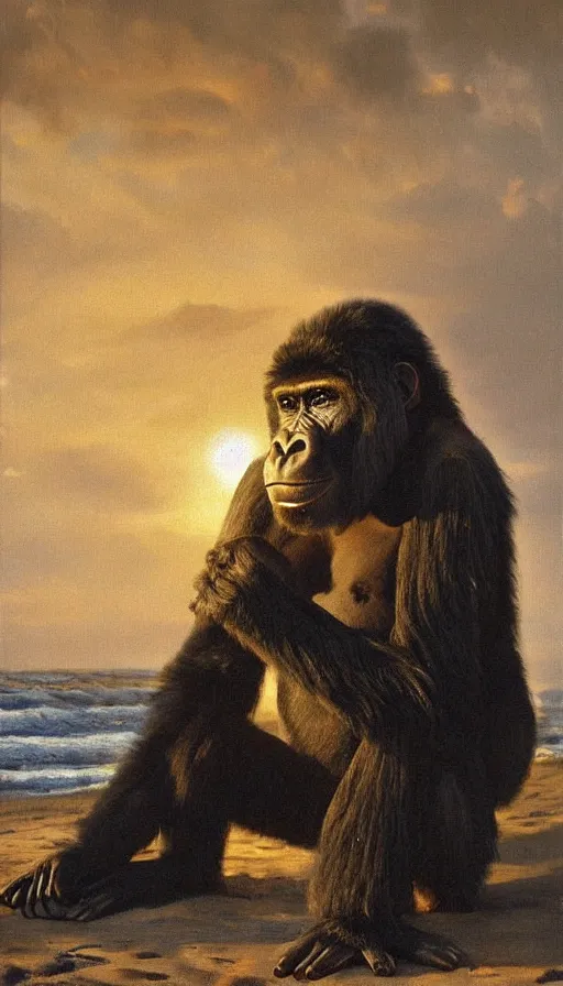 Image similar to Fuzzy gorilla on the beach, by Peder Krøyer, golden hour, dramatic lighting, volumetric lighting, intricately detailed, canvas print