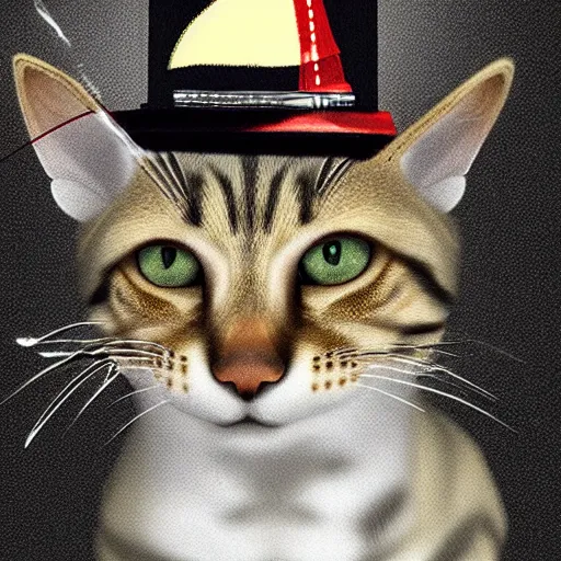 Image similar to ultra realistic cat smoking cigarette wearing mafia hat, ultra realistic, 8 k resolution, detailed, real life
