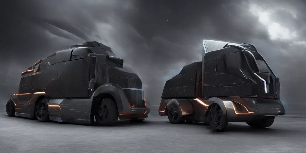 Prompt: a design of a futuristic cybertruck, designed by Polestar, blade runner background, stained antique copper car paint, black windows, dark show room, dramatic lighting, hyper realistic render, depth of field