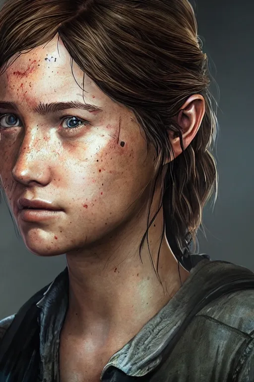Prompt: portrait art of ellie from the last of us part 2, 8 k ultra realistic, digital art, character portrait, highly detailed, trending on artstation, lens flare, atmosphere, hyper realistic, cinematic lightning, sharp focus, unreal engine 5, extreme details perfect face, pretty face, fine - face, illustration, 8 k, ultra texture, masterpiece