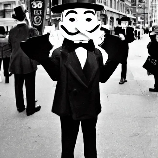 Prompt: mr monopoly 1930s street performer, 35mm film