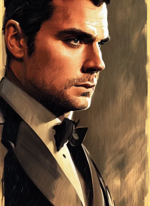 Image similar to portrait of henry cavill as james bond, casino, rain, aston martin, highly detailed, digital painting, artstation, concept art, cinematic lighting, sharp focus, illustration, by gaston bussiere alphonse mucha