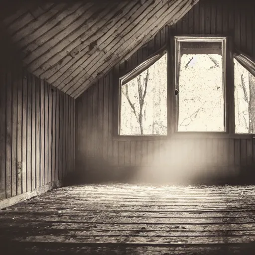 Image similar to a film production still, 2 8 mm, wide shot of a cabin interior, wooden furniture, cobwebs, spiderwebs, dynamic volumetric lighting, abandoned, depth of field, cinematic