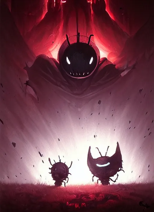 Prompt: horror art, hollow knight, red peaks with bugs and arms in the background, art by greg rutkowski