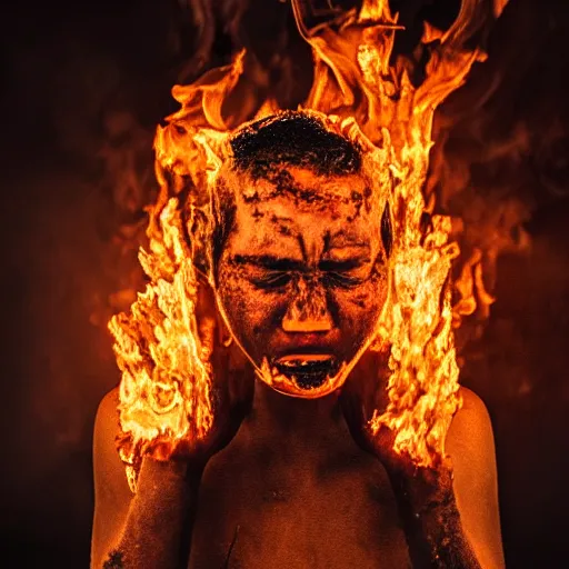 Image similar to portrait of a person who feels fear and agony while burning alive, 8k, highly detailed, photography