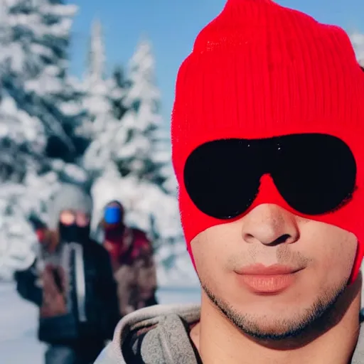 Image similar to thug shaker in red ski mask looking at camera