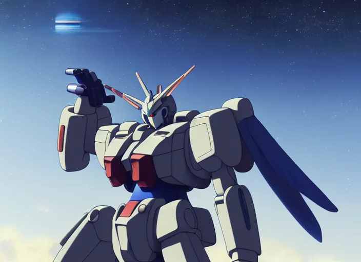 Image similar to a film still portrait of a planterary sized gundam, bokeh, finely detailed features, perfect art, over looking saturn,, trending on pixiv fanbox, painted by yusuke murata greg rutkowski makoto shinkai takashi takeuchi studio ghibli, akihiko yoshida