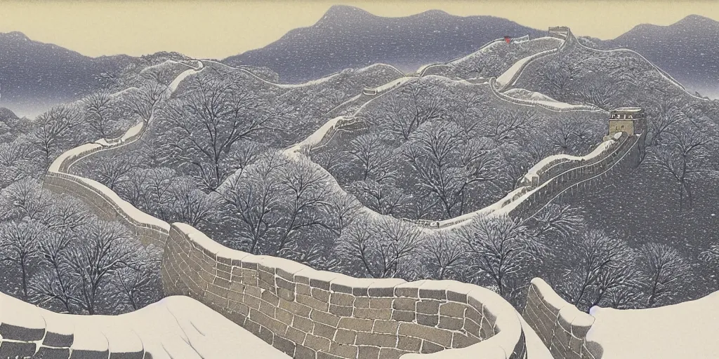 Image similar to The Great Wall, snowy day, Kawase Hasui