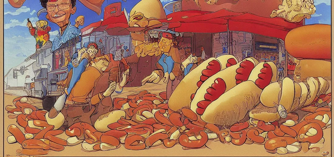 Prompt: an original jean giraud digital art masterpiece of a religious decree prohibiting hotdog buns, hotdogs without buns, discarded hotdog buns