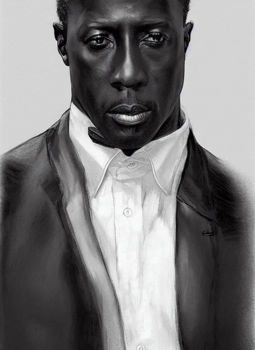 Prompt: wesley snipes as handsome man, wearing a simple black vest and white shirt, centered, digital painting, artstation, concept art, smooth, sharp focus, illustration, art by artgerm and donato giancola