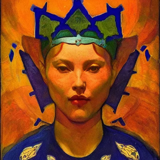 Image similar to crown of shadows, by Annie Swynnerton!! and Nicholas Roerich! and (((((( Diego Rivera)))))), bioluminescent skin!, elaborate costume, geometric ornament, symbolist, rich colors, dramatic lighting, smooth, sharp focus, extremely detailed